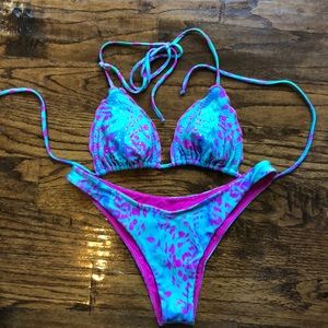 Luli Fama Bikini Set in Turquoise/Pink.  Top is Small, bottom is Medium